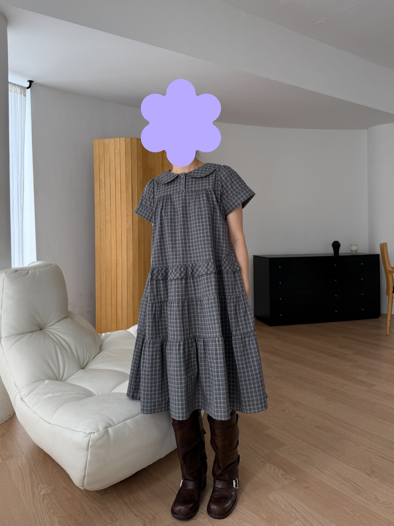 round collar check midi dress 