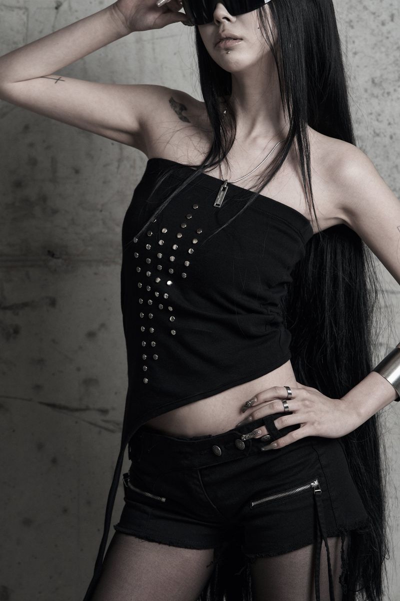 [label] studded asymmetric strap tank top BLACK