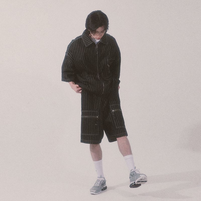 stripe denim shorts_black