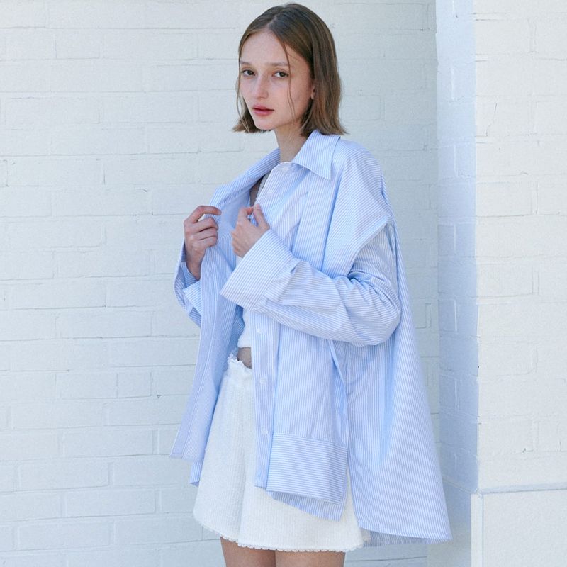 MOIFAIRE（モイフェア）の「 STRIPE SHAWL SHIRT / SKY BLUE（Tops）」