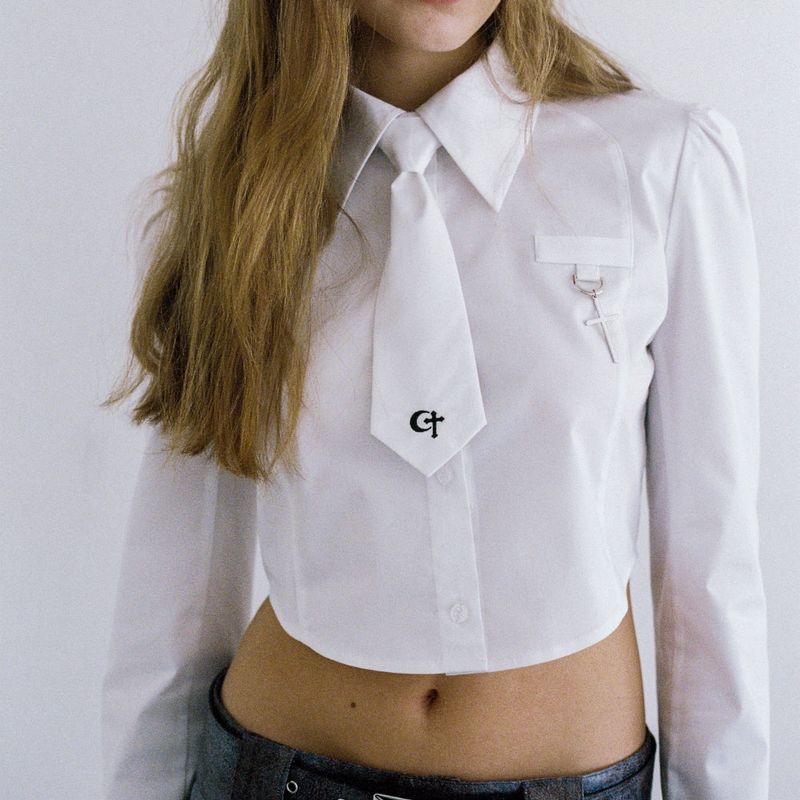 0 1 necktie crop shirt - WHITE