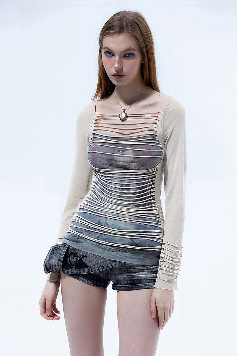 Emoha(エモハ)の「Emoha Love's Bondage Cut-out Striped Mesh Bottoming Shirt(Tops)」