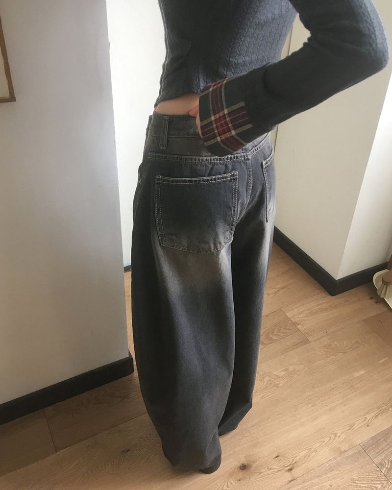 Canv balloon wide washed denim pants