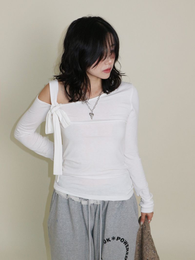 (Napping T-shirt) Euren One Shoulder Ribbon Tie Long-Sleeved Warmer T-Shirt