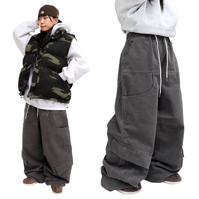 Wide Peach-Finish Utility Pocket Pants