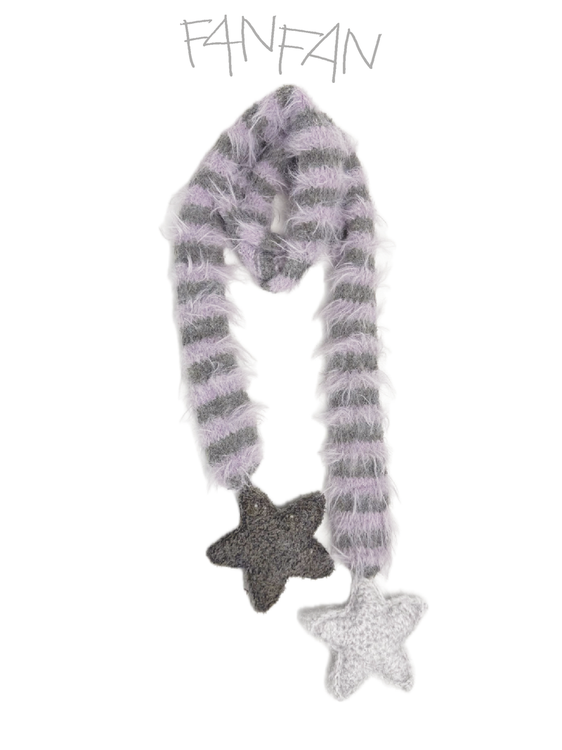 Fluffy Striped Scarf with Star Accents at Both Ends, Cozy Long-Yarn Wrap for Autumn & Winter