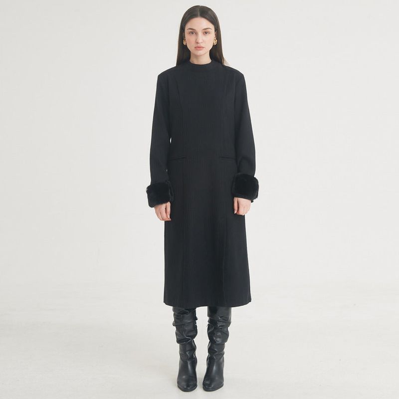 Herringbone Slit Long Dress (Black)