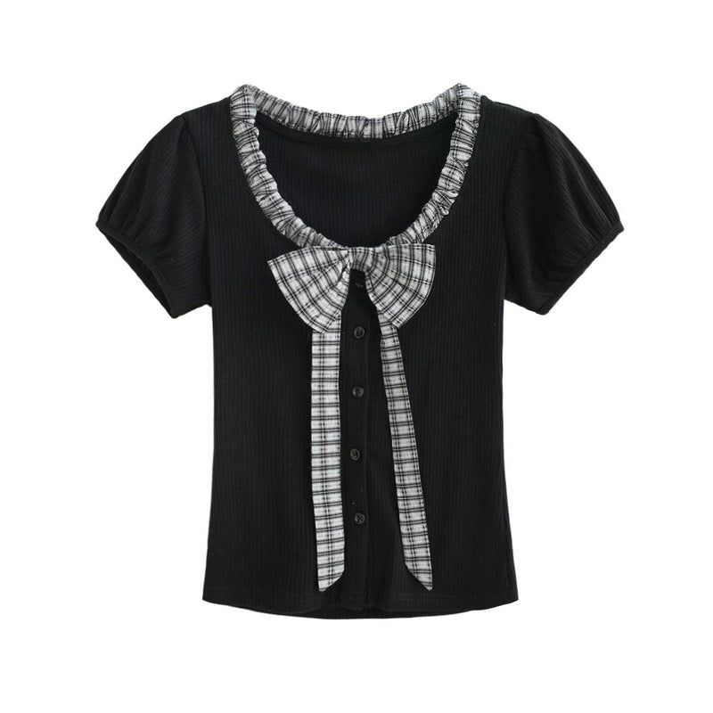 Cozy&Kitsch(コージーアンドキッチ)の「Check Ribbon Slim Knit T-Shirt(Tops)」