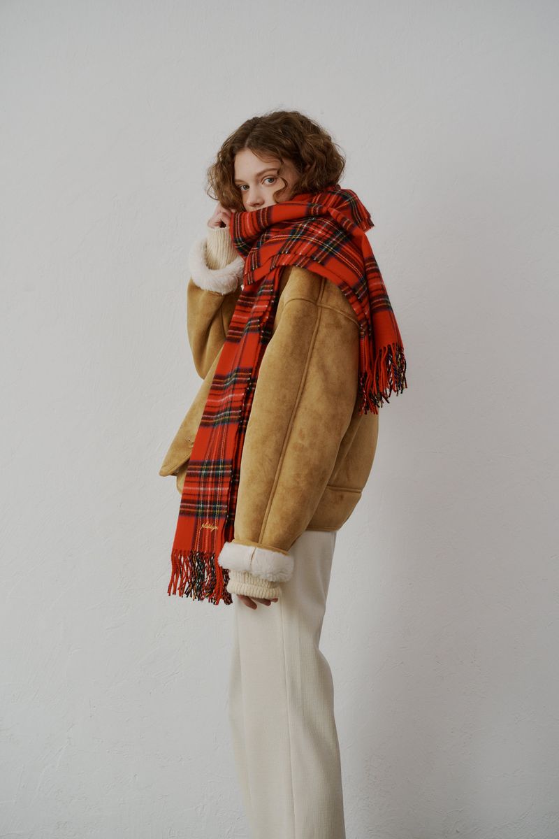 Fringe wool muffler (Red check)