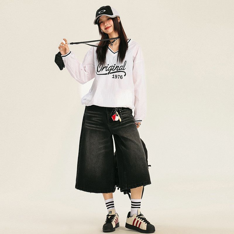 American retro loose-fitting washed distressed wide-leg capri pants