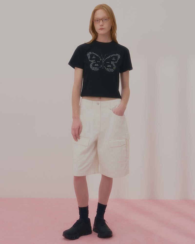 TEXT BUTTERFLY CROP TSHIRT-BLACK