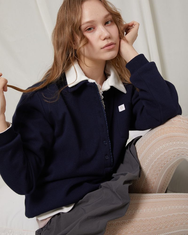 Fazed（フェイズド）の「Frill 8 button pk shirt / navy（Tops）」