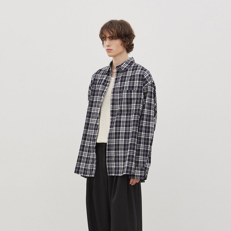 Wide Check Overfit Shirt (Navy)