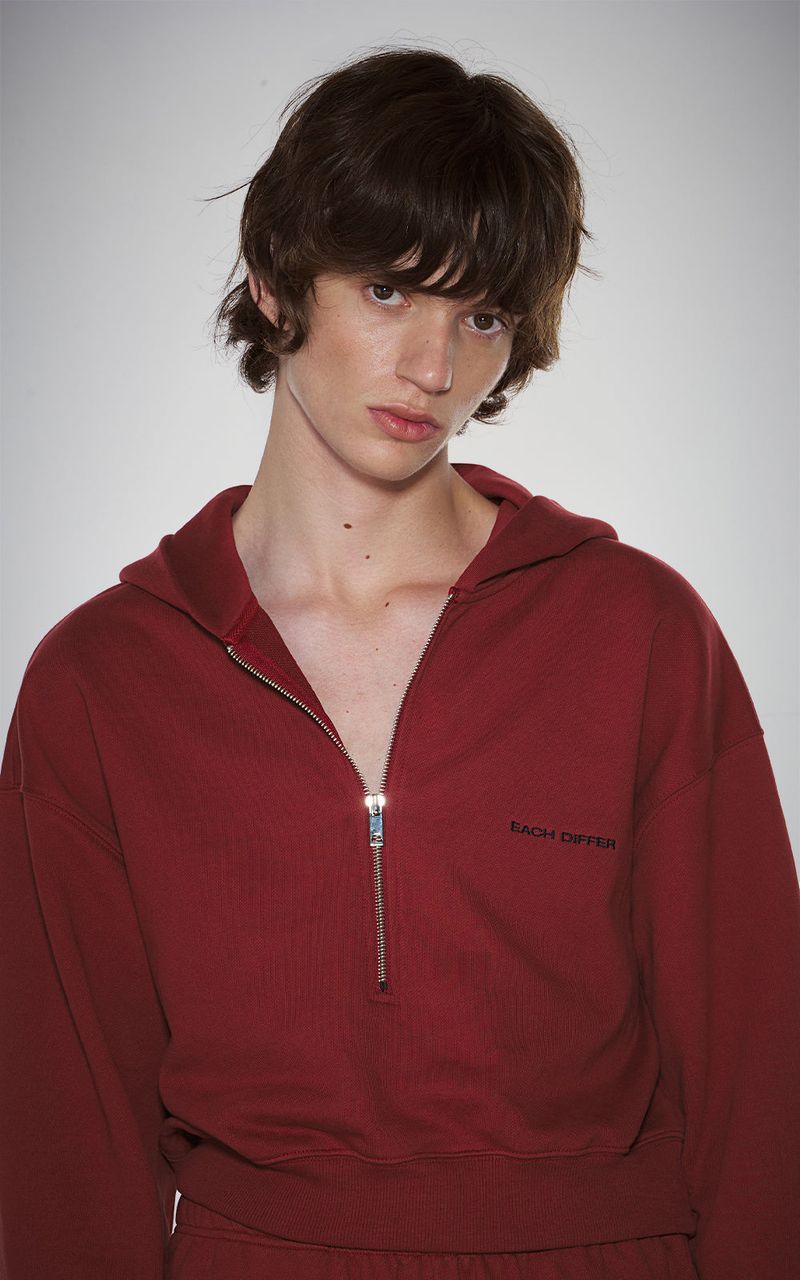 HAIF-ZIP HOODIE (CROP)_DARK RED
