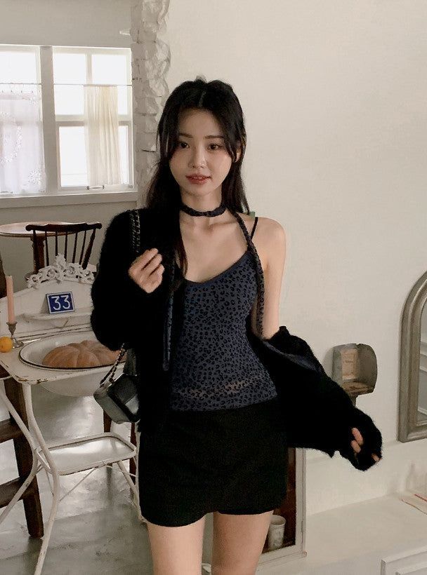 Leopard Sleeveless Blouse + Tie Set (2color)