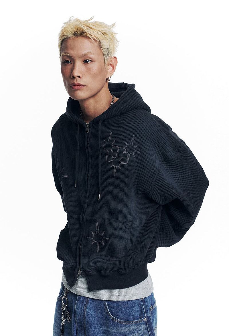 Washed Star Waffle Hooded Zip-Up - Black