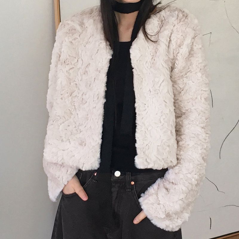 Lilt round no-collar fur jacket
