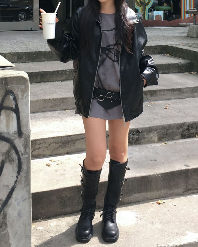 Strap leather long boots