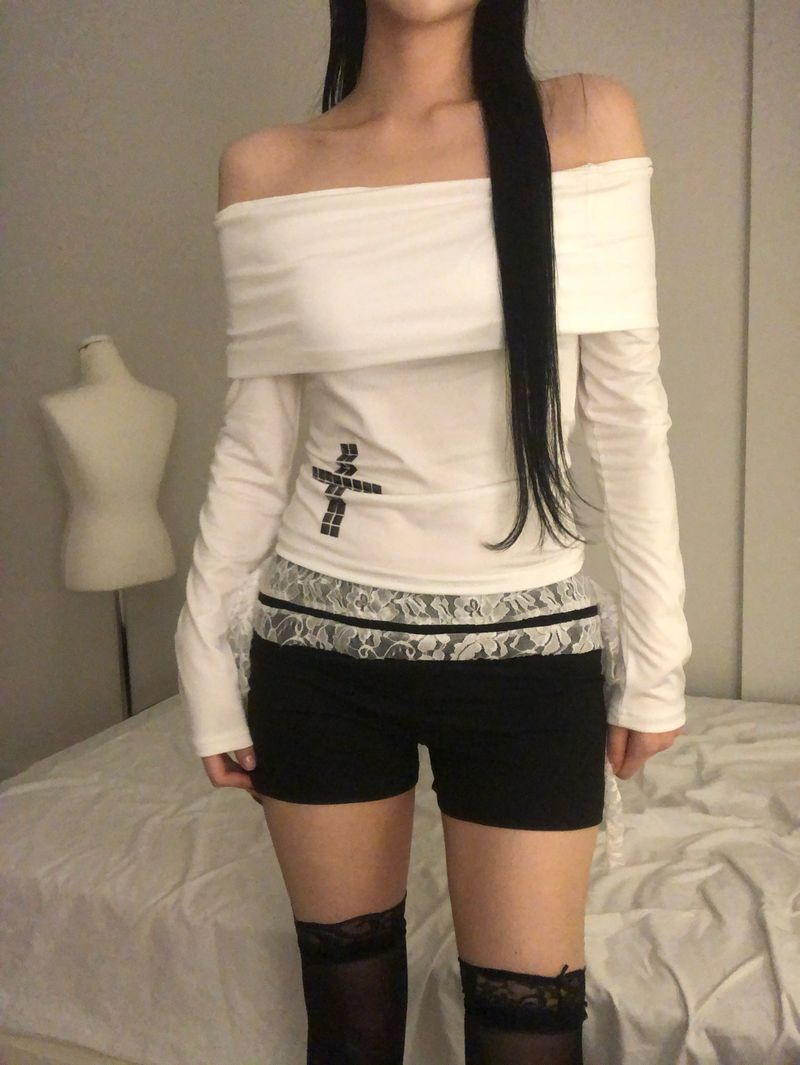 Crystal Stud Cross Off-Shoulder T