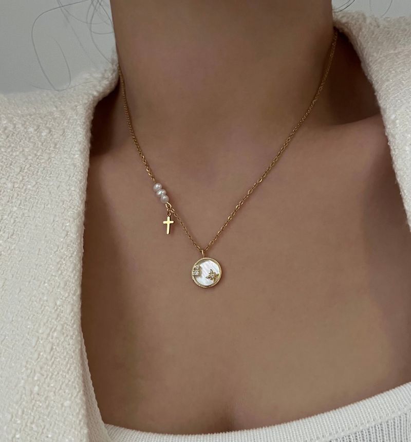 stv Moon Star Freshwater Pearl Stainless Steel Coin Layered Long Short Necklace