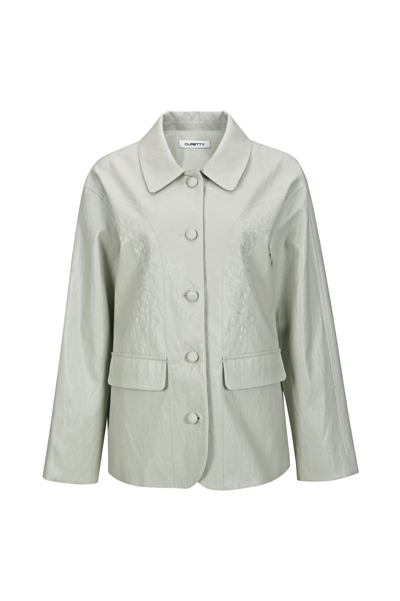 C ROSE-STITCH LEATHER JACKET_GREY