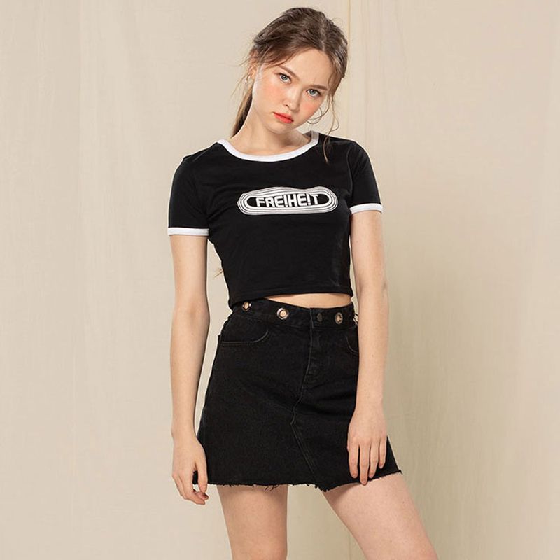 EYELET DENIM SKIRT (BLACK)