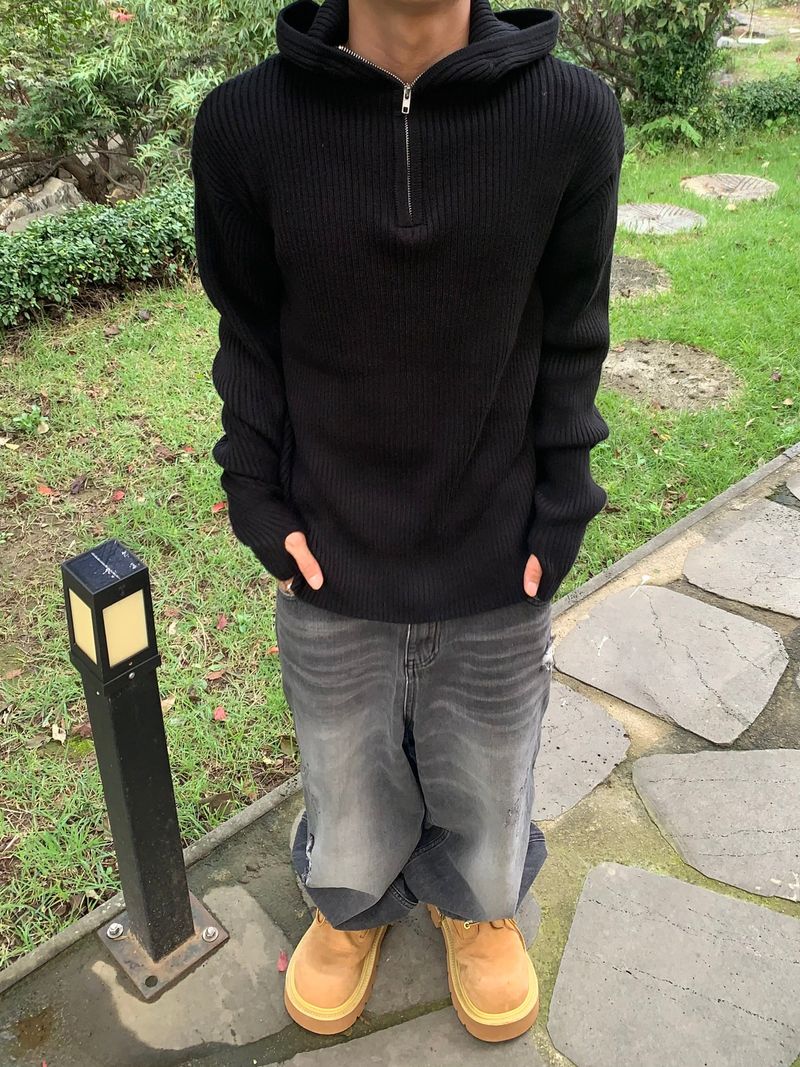 Rib Hood Half Zip-Up Knit