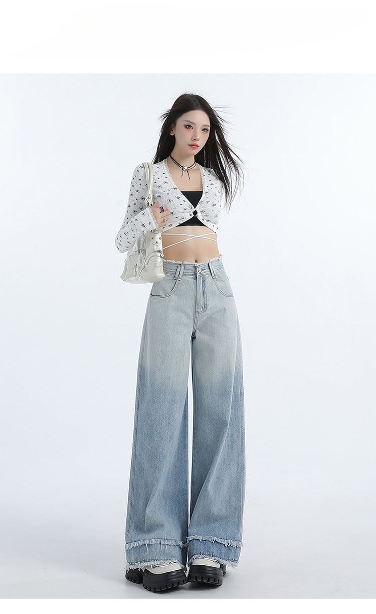 Gradient Blue Raw-Edge Wide-Leg Denim Pants
