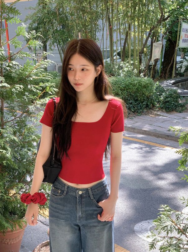 #Back Slit Square Short Sleeve Knit + Scrunchie Set (5color)