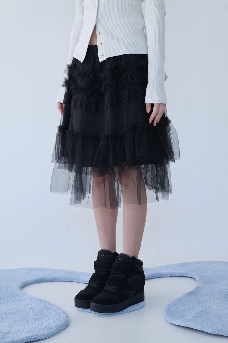 TULLE FRILL MIDI SKIRT BLACK