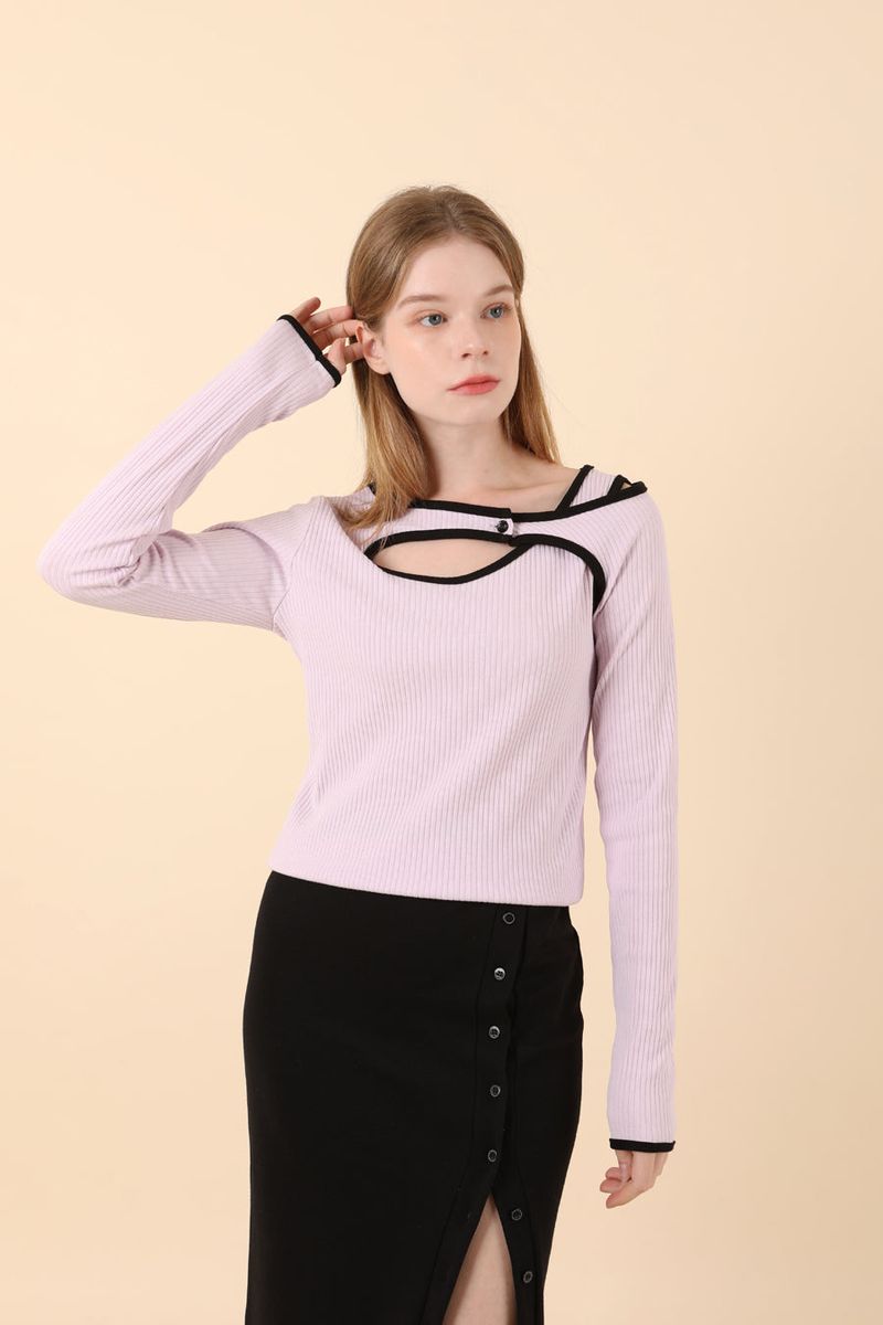 Line Contrast Slim T-shirt Purple