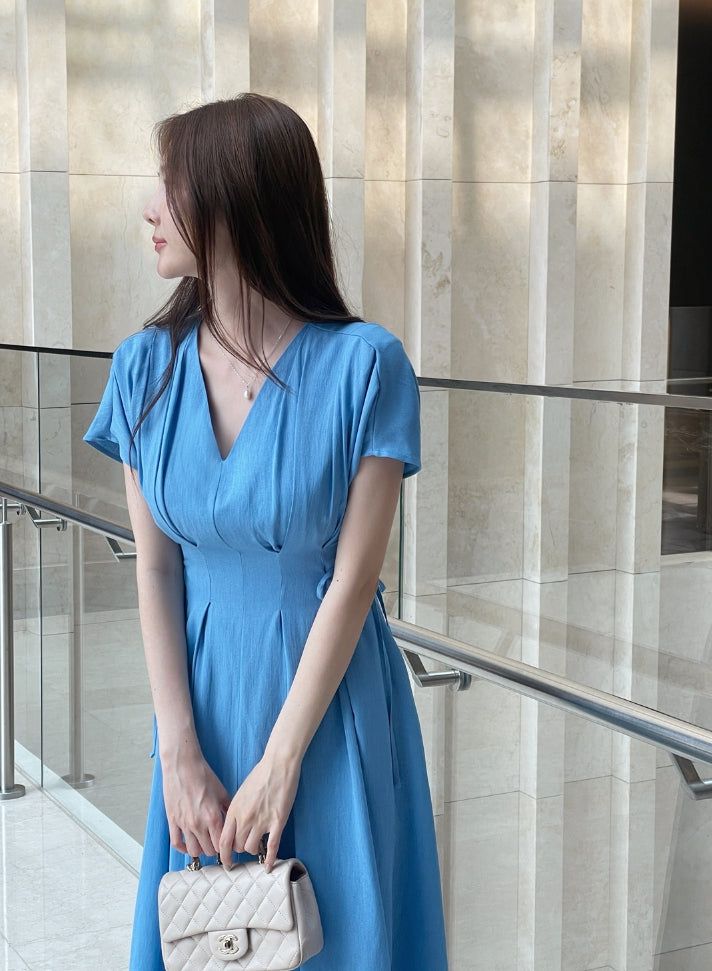 Javet V-Neck Pintuck Flare Long One Piece