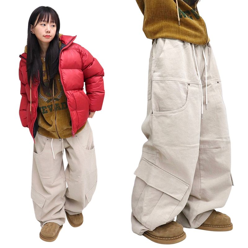 Wide Peach-Finish Utility Pocket Pants