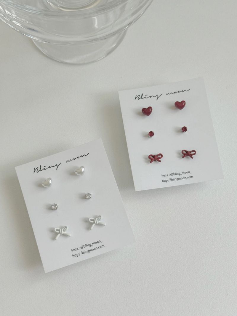 [3 set] Berry Mood Ribbon Heart Earrings Set