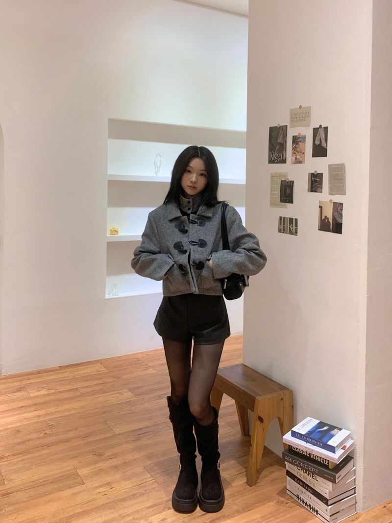 British Gray Duffel Button Quilted Crop Coat