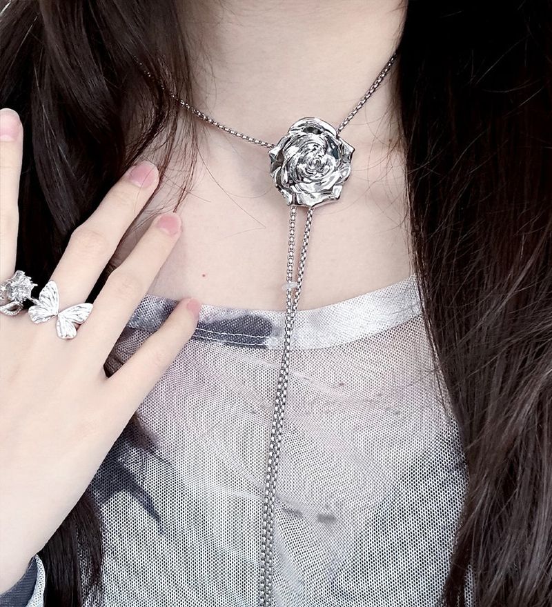 silver rose tie necklace