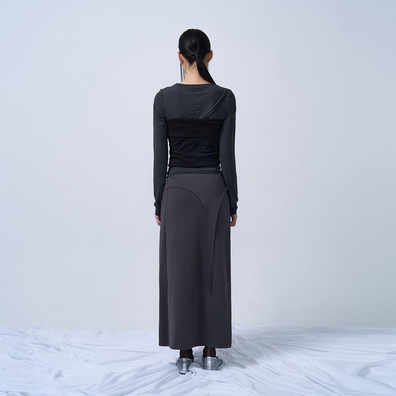 CUT-OUT MAXI LONG SKIRT (CHARCOAL)