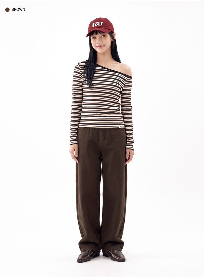 STRIPE OFF-SHOULDER TOP [BROWN]
