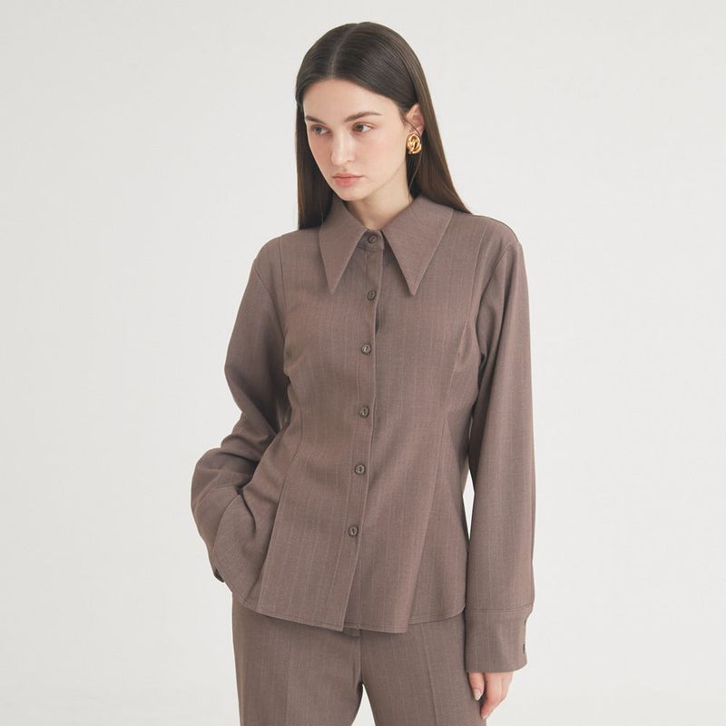 Wool Stripe Pintuck Shirt (Brown)
