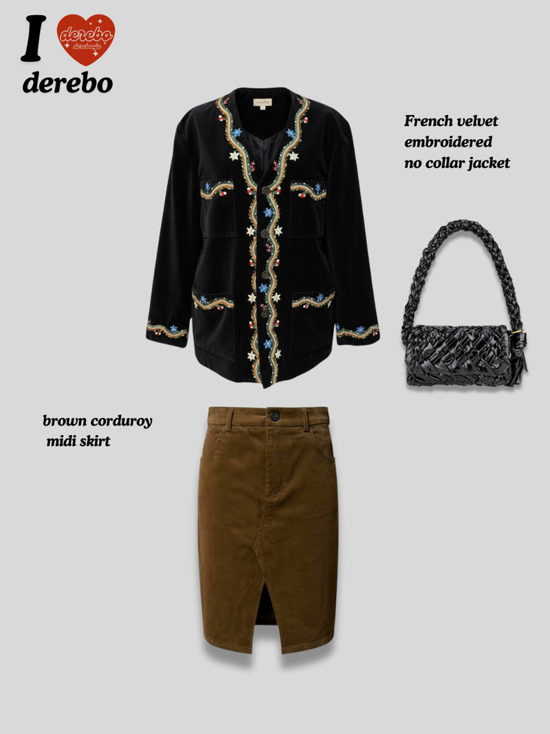 French velvet embroidered no collar jacket