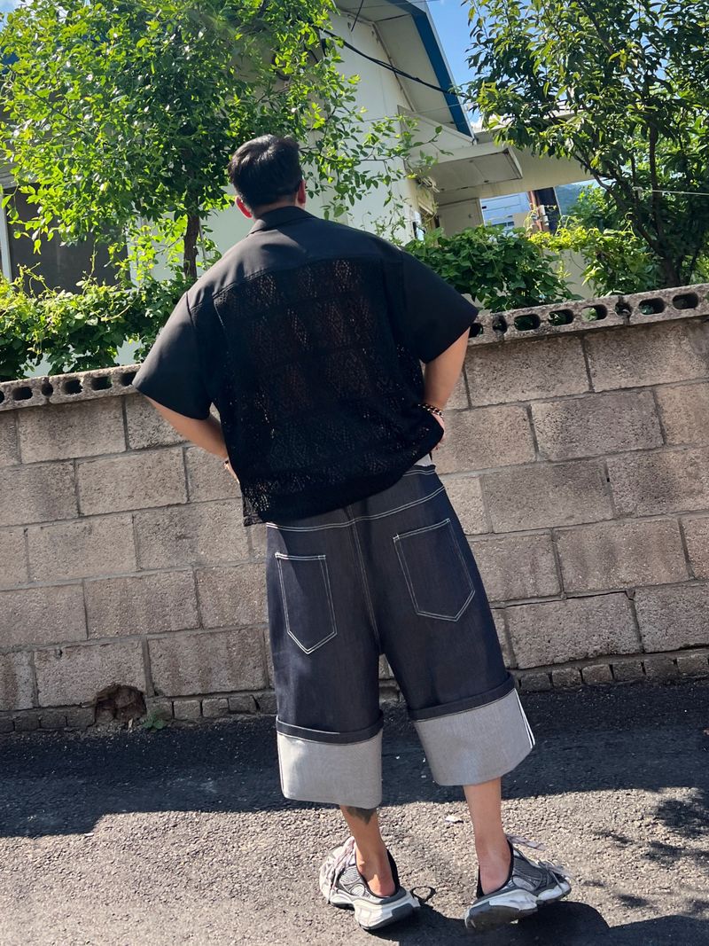 DENIM X SWEAT LAYERED ROLL UP SHORTS