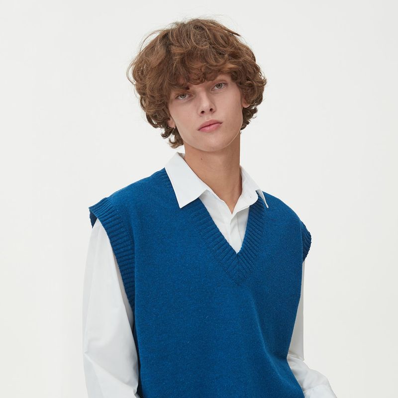 LAMBSWOOL V NECK KNIT VEST_BLUE