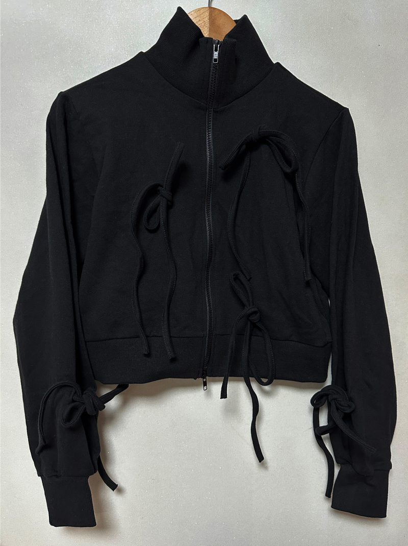 BOW HIGH-NECK HOOD ZIP-UP🖤🩶 - 2 COLORS