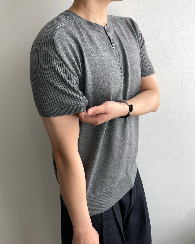 Needle Henley Neck Short Sleeve Knit