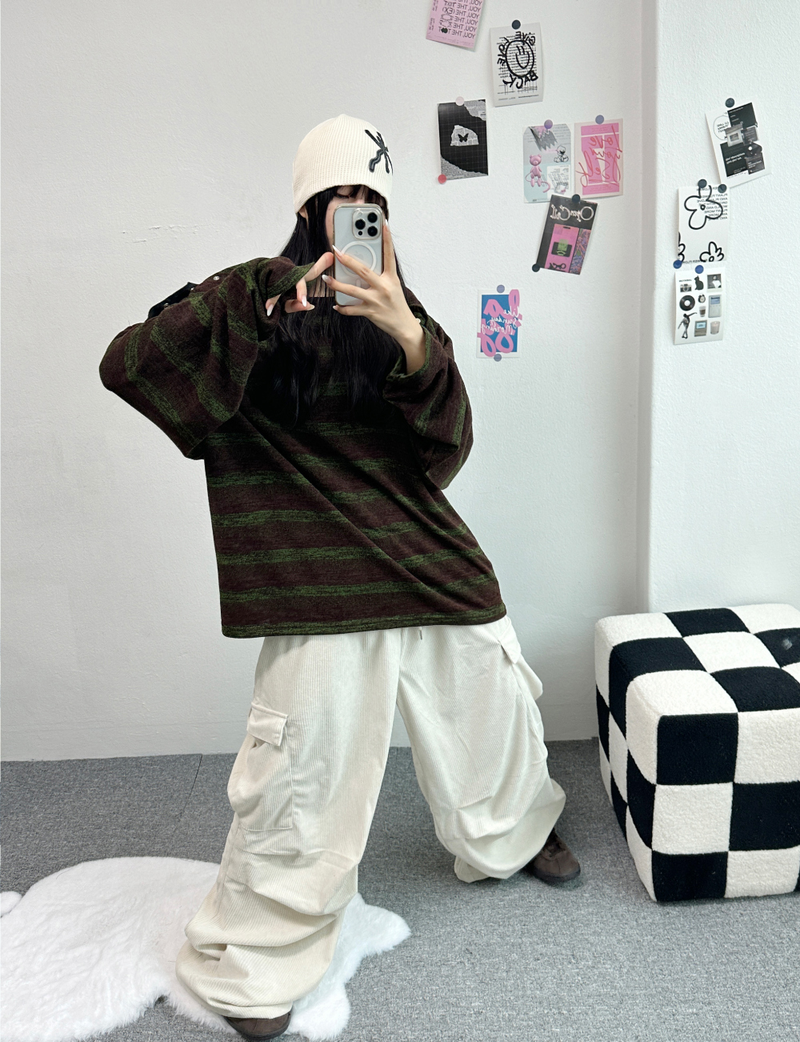 SHOULDER SNAP WARMER POINT STRIPED KNIT🤎🖤🧸 - 2 COLORS