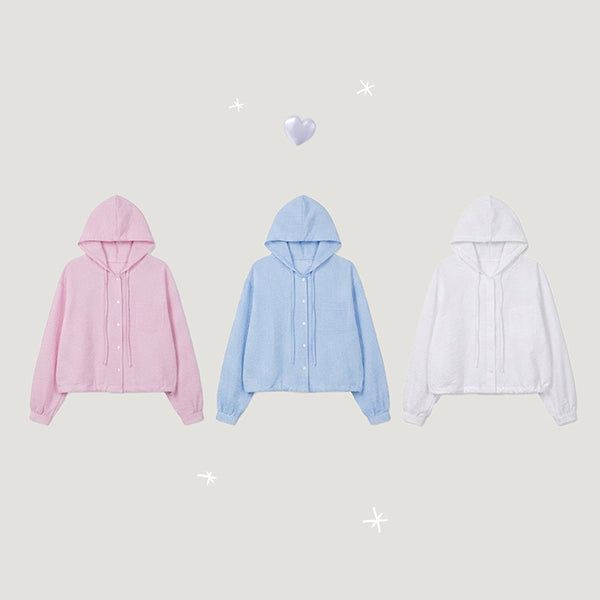 hijjoo（ハイチュー）の「[Shirt-style Jumper☁️]エンボス ジャンパー ドド フーデッド シャツ ストリング アウターウェア(3 colors)（トップス）」