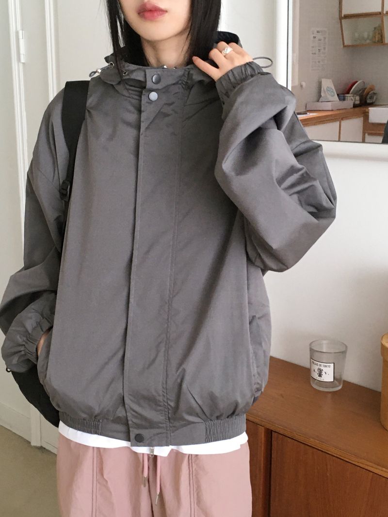 Linick high neck hooded nylon two-way zip-up