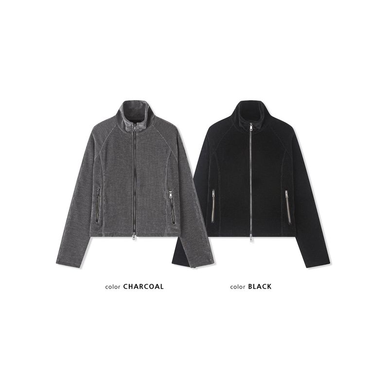 Velvet corduroy curved crop zip up(Black)