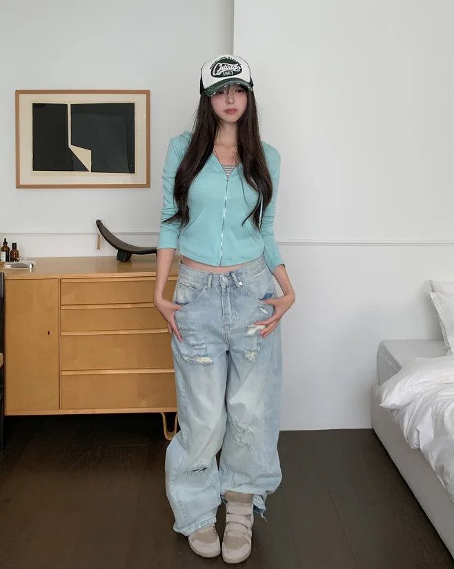 Slash Damaged Wide Denim Pants
