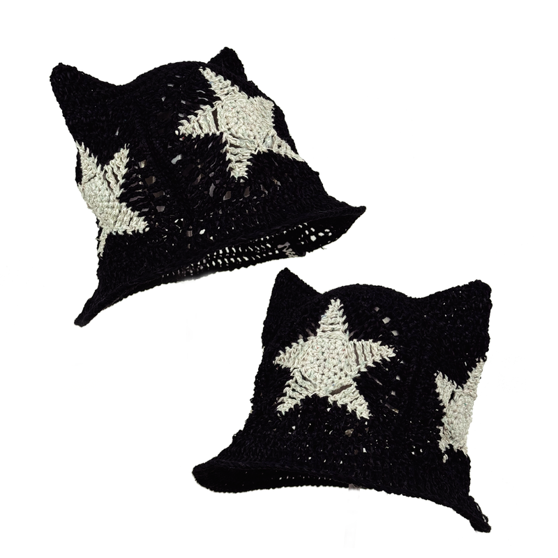 crochet bucket hat with cat ears and four star decorations